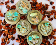 Load image into Gallery viewer, 6 rustic looking soap rounds with cactus and flower embeds in the center of each bar. 